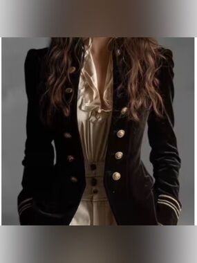 NEW.  Classic Black Military-Style Women’s Velveteen Jacket with Gold Buttons.